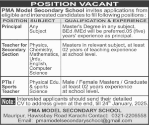 PMA Model Secondary Schools Jobs