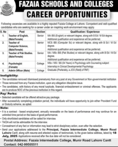 Fazaia Inter College Lahore Jobs 2025